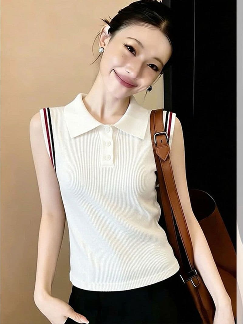 패션 미니멀리즘 베이지 색 POLO 칼라 하프 버클 민소매 조끼 여성 여름 새로운 아니요 명중 섹션 다용도 슬림해 보이는 맨위 상세 이미지 3