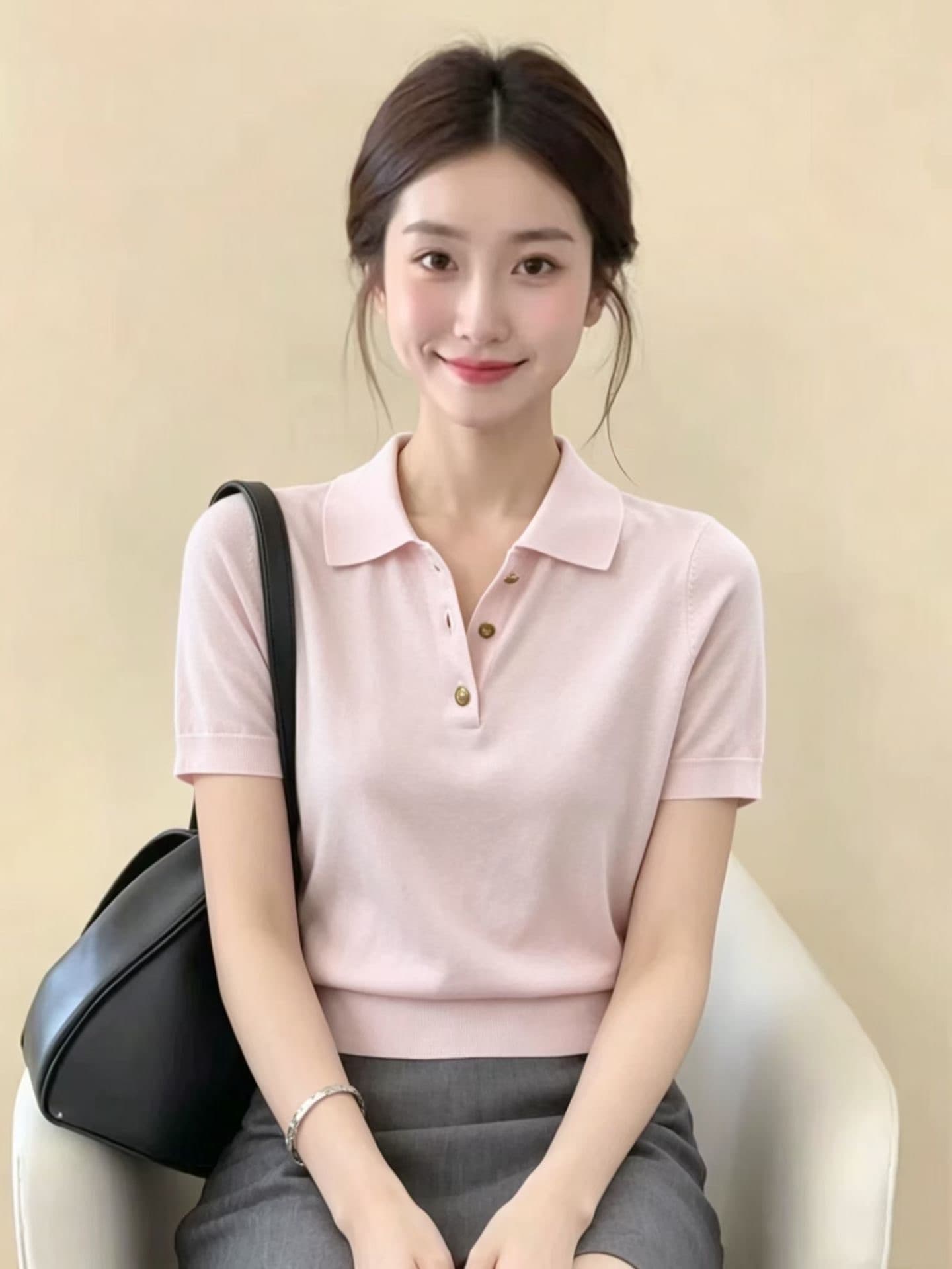 한 부서 느긋한 바람 핑크색 장난기 넘치는 POLO 칼라 니트 반팔 여성 봄 고유 한 아름다운 싱글 착용 풀오버 맨위 트렌디 상세 이미지 1