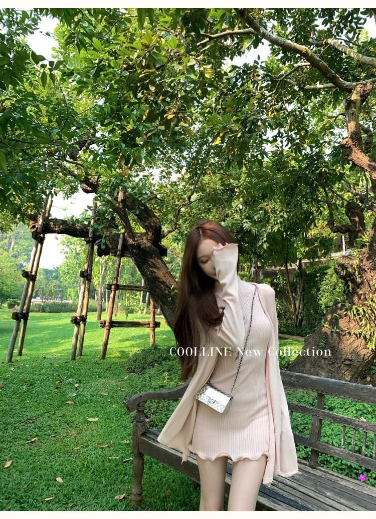 핑크색 핫걸 바람 반하이넥 물결무늬 볼륨 민소매 맨위 여성 여름 작은 키 몸매 가꾸기 슬림해 보이는 타이트 스커트 드레스 상세 이미지 2