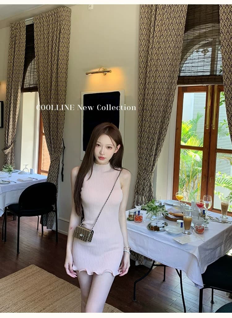 핑크색 핫걸 바람 반하이넥 물결무늬 볼륨 민소매 맨위 여성 여름 작은 키 몸매 가꾸기 슬림해 보이는 타이트 스커트 드레스 상세 이미지 3