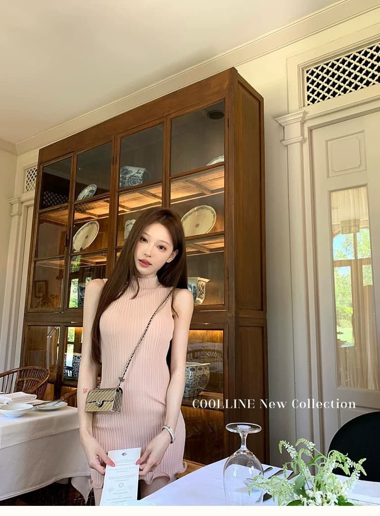 핑크색 핫걸 바람 반하이넥 물결무늬 볼륨 민소매 맨위 여성 여름 작은 키 몸매 가꾸기 슬림해 보이는 타이트 스커트 드레스 상세 이미지 4