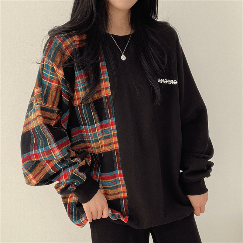 한국 chic 가을 연령 감소 레트로 작은 대중 디자인 센스 품격 라운드 넥 체크무늬 패치워크 루즈핏 긴팔 티셔츠 여성 상세 이미지 2