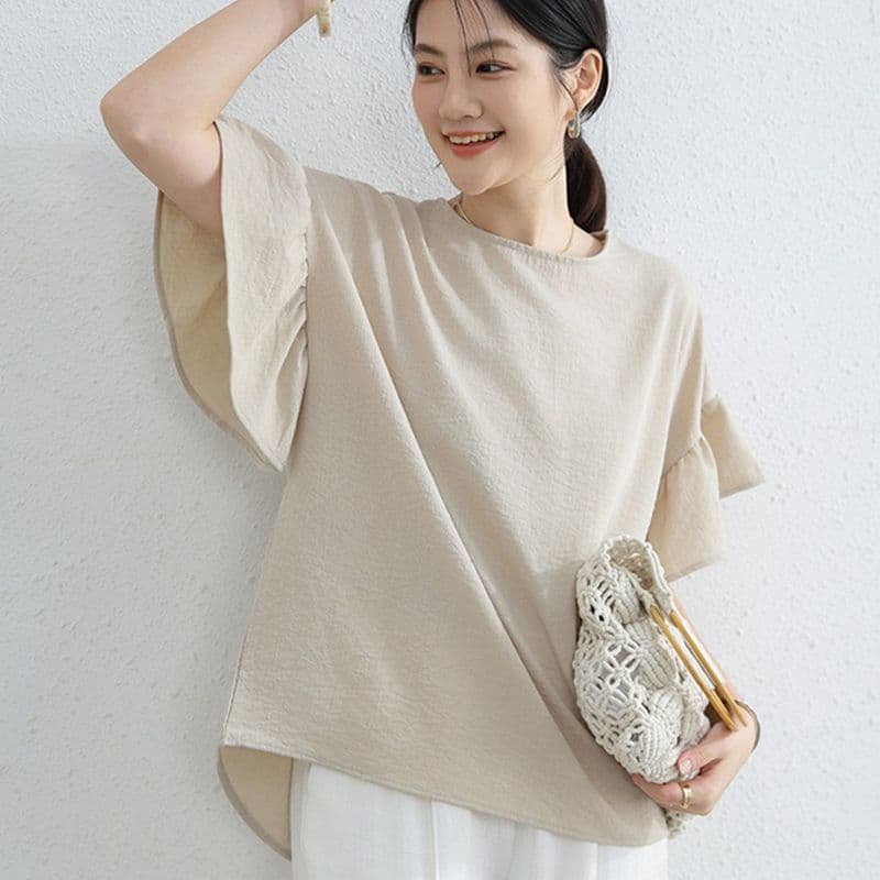 디자인 센스 나팔 소매 여름 새로운 루즈핏 표지 고기 슬림해 보이는 캐주얼 티셔츠 항구 바람 반팔 라운드 넥 면 린넨 맨위 이미지 3