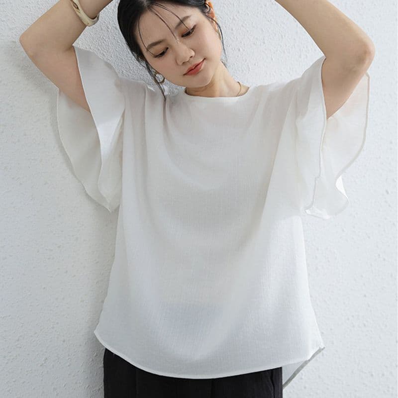 디자인 센스 나팔 소매 여름 새로운 루즈핏 표지 고기 슬림해 보이는 캐주얼 티셔츠 항구 바람 반팔 라운드 넥 면 린넨 맨위 상세 이미지 1
