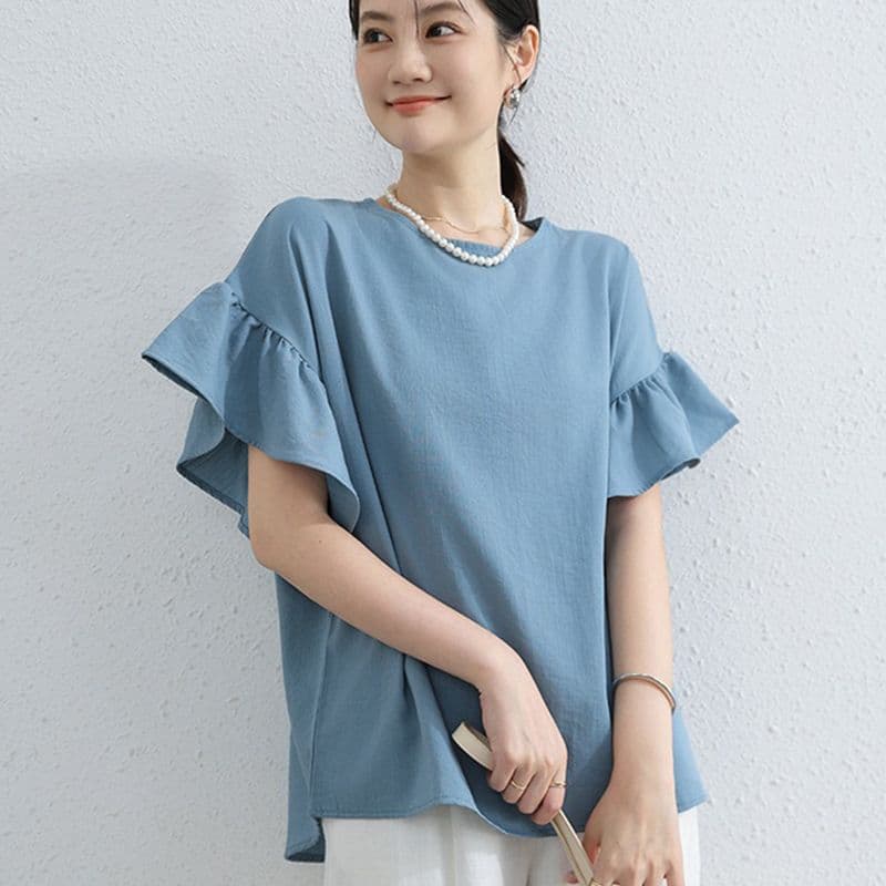 디자인 센스 나팔 소매 여름 새로운 루즈핏 표지 고기 슬림해 보이는 캐주얼 티셔츠 항구 바람 반팔 라운드 넥 면 린넨 맨위 상세 이미지 10