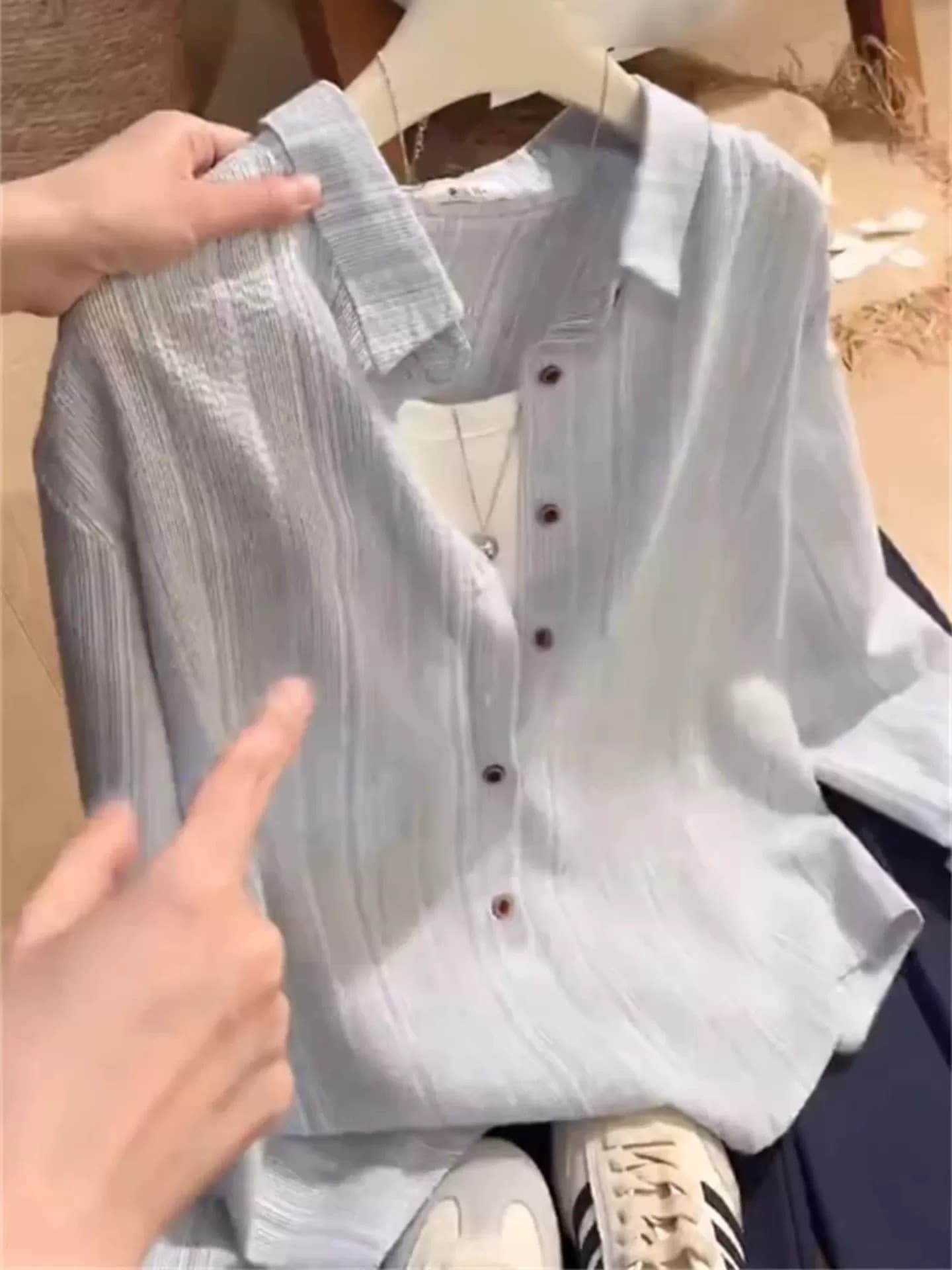 한 부서 레트로 파란색 스트라이프 폴로 칼라 자외선 차단 의류 여성 여름 새로운 고급 센스 루즈핏 느긋한 얇고 가벼운 셔츠 재킷 상세 이미지 6
