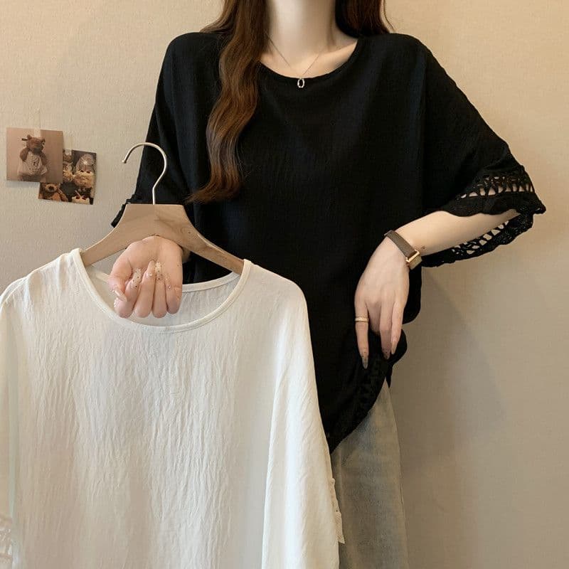 공식 그림 디자인 센스 고급 레이스 홀로우 아웃 2026 여름 라운드 넥 단색 반팔 티셔츠 여성 이미지 4