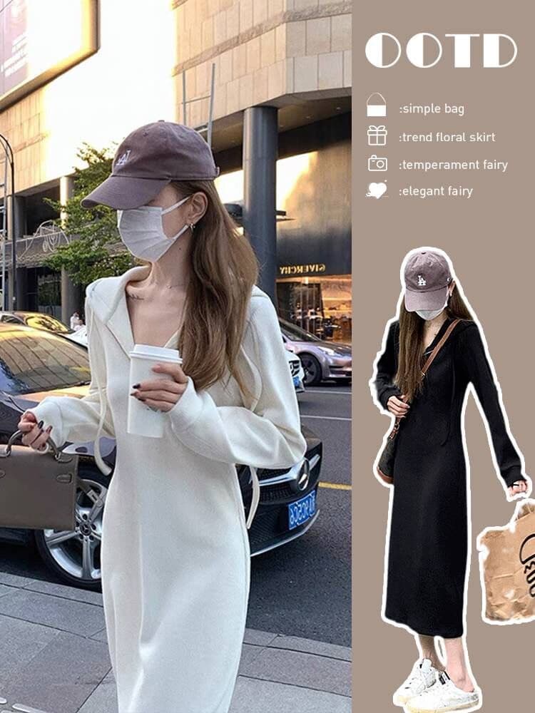 프랑스식 품격 후드 후드티 드레스 여성 가을 겨울 2025 새로운 캐주얼 슬림해 보이는 드레스 다용도 만나는 길다 치마 상세 이미지 4