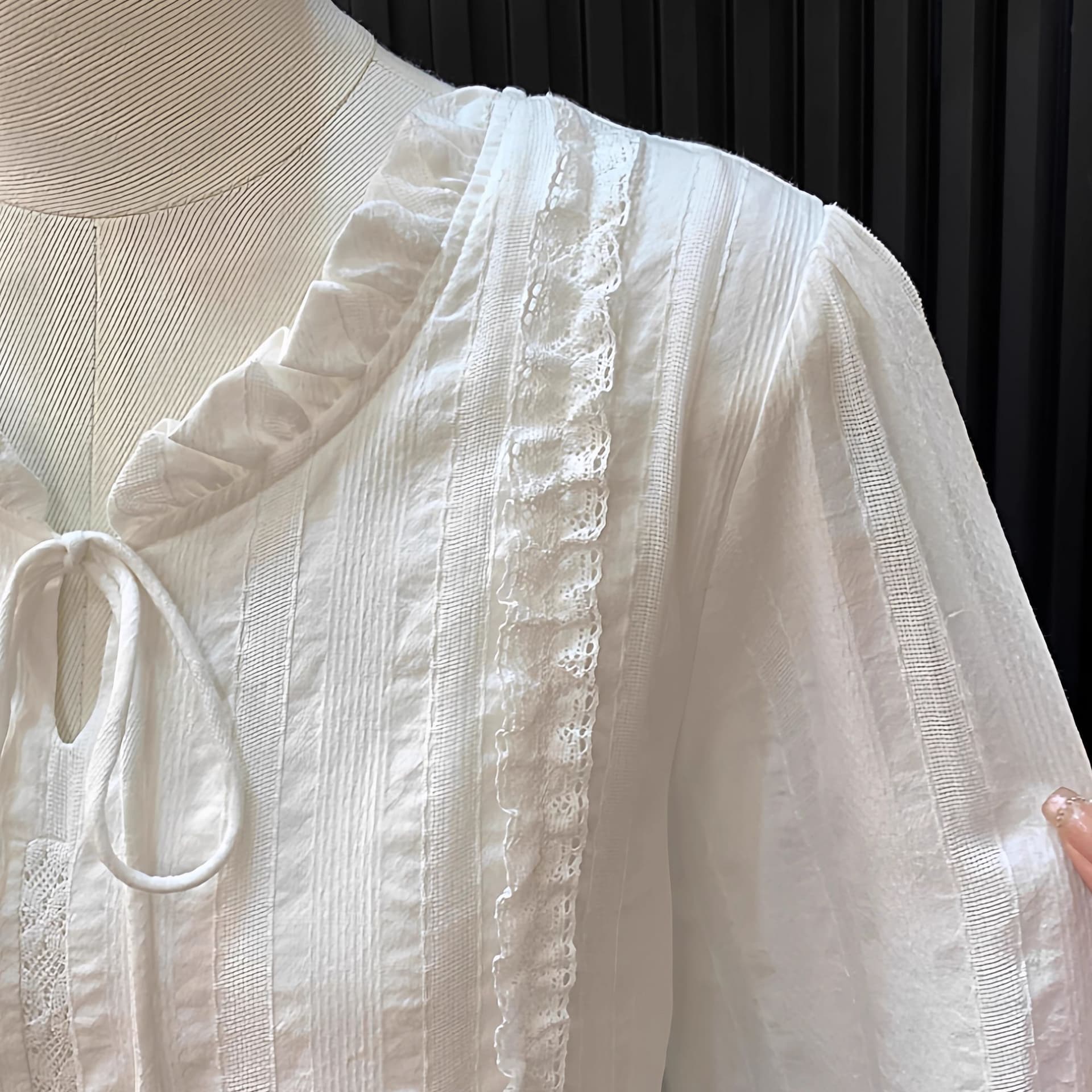 프랑스식 레이스 칼라 레이스업 화이트 여성 셔츠 봄 가을 새로운 고급 센스 부드러운 바람 품격 Chic 긴팔 맨위 상세 이미지 9