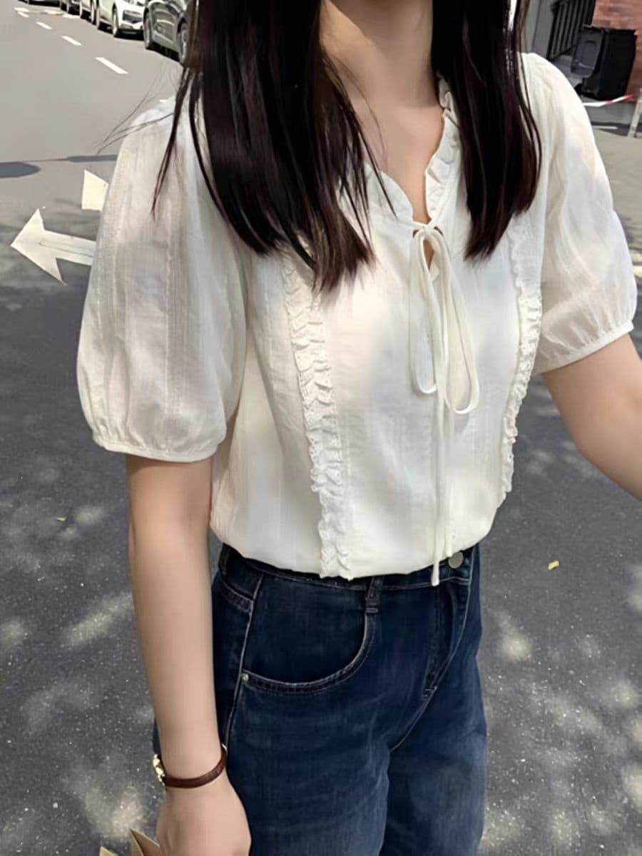 프랑스식 레이스 칼라 레이스업 화이트 여성 셔츠 여름 새로운 고급 센스 부드러운 바람 품격 Chic 반팔 맨위