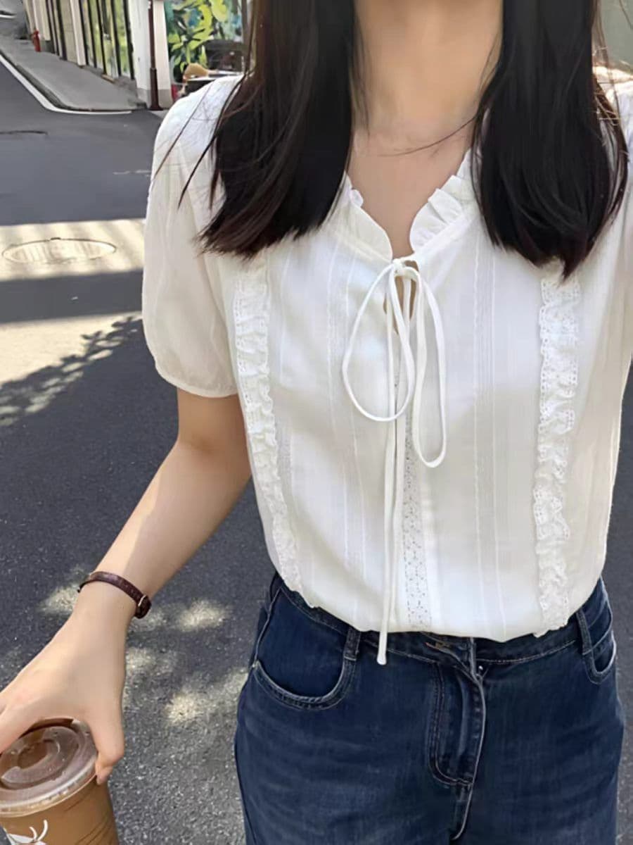 프랑스식 레이스 칼라 레이스업 화이트 여성 셔츠 여름 새로운 고급 센스 부드러운 바람 품격 Chic 반팔 맨위 상세 이미지 1
