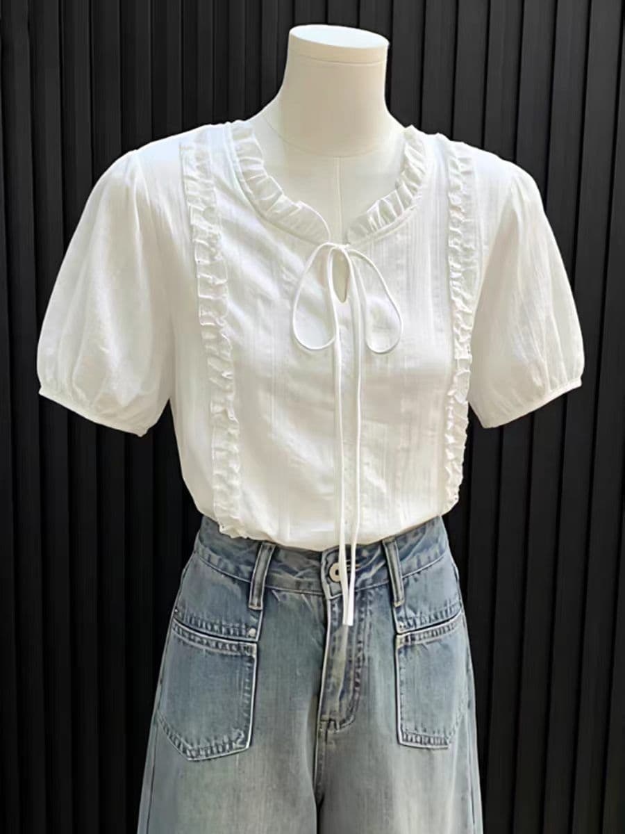 프랑스식 레이스 칼라 레이스업 화이트 여성 셔츠 여름 새로운 고급 센스 부드러운 바람 품격 Chic 반팔 맨위 상세 이미지 3