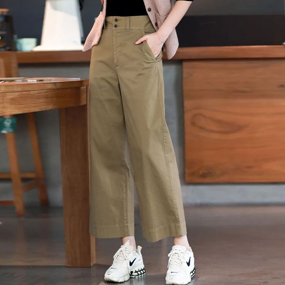 가을 순면 얇은 스타일 9부 바지 하이웨이스트 와이드 레깅스 바지 새로운 루즈핏 통기성 편안한 슬림해 보이는 캐주얼 바지 아이들 상세 이미지 5