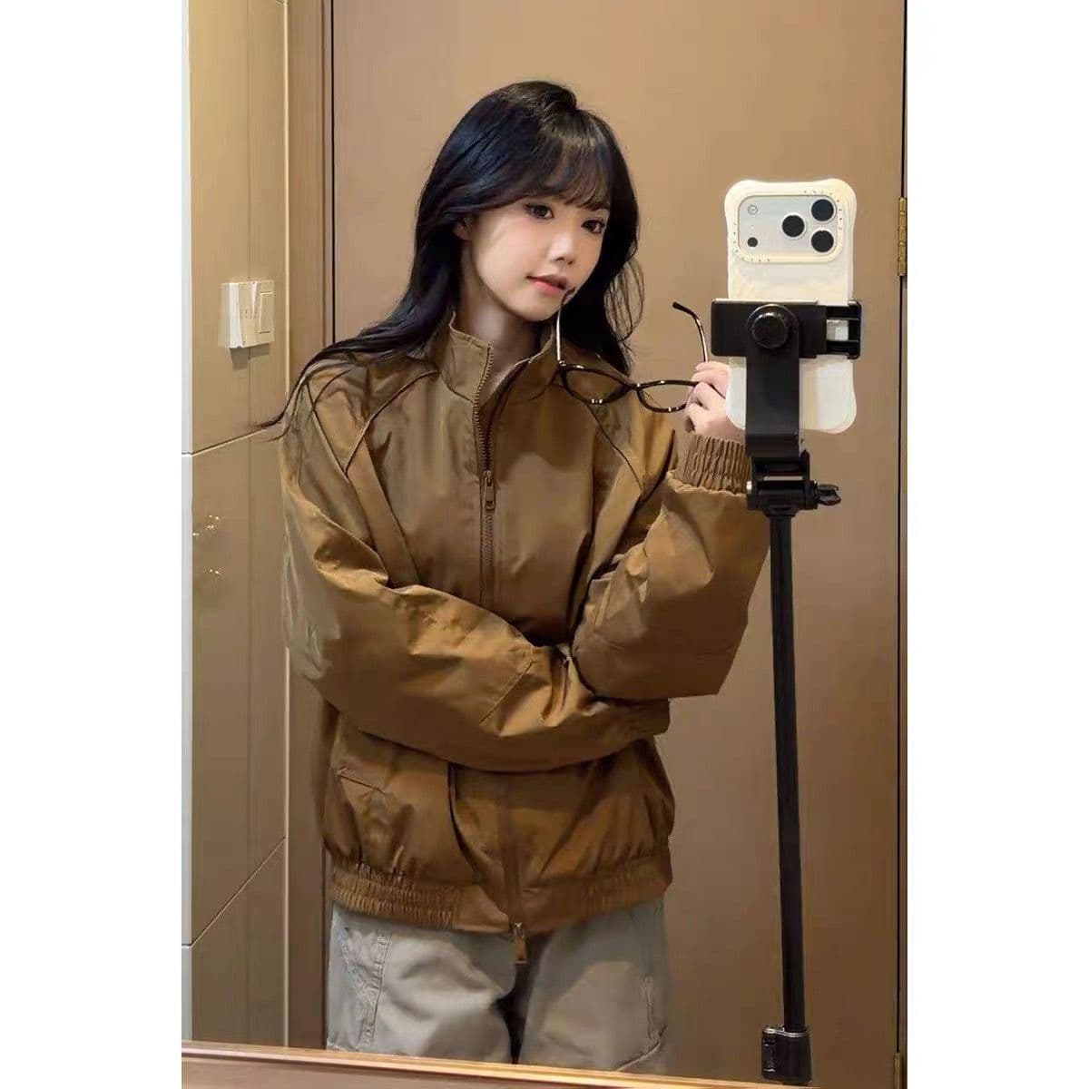 아메리칸 프로필 모양 스탠드 칼라 플라잉 재킷 커플 섹션 빅 사이즈 조수 브랜드 악당 잘 생긴 고급 센스 야구 유니폼 워크웨어 재킷 상세 이미지 9