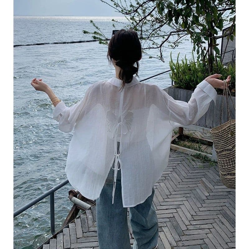 자외선 차단 의류 자수 홀로우 아웃 나비 트임 주간 실크 자외선 차단 여성 셔츠 여름 얇은 스타일 외부 가져 가라. 긴팔 카디건 코트 상세 이미지 7