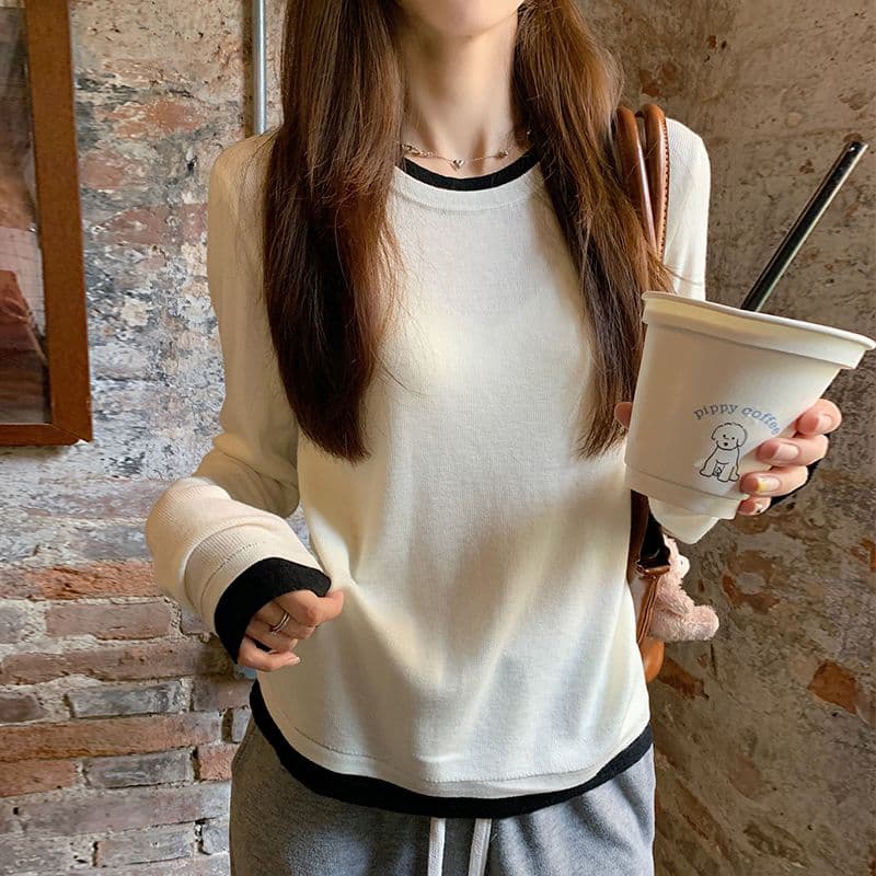 페이크 레이어드 긍정적 인 어깨 긴팔 티셔츠 여성 가을 겨울철 2025 새로운 보온 De 플러시 인사이드 가져 가라. 연삭 털 기본 셔츠 맨위 상세 이미지 2