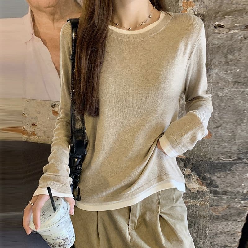 페이크 레이어드 긍정적 인 어깨 긴팔 티셔츠 여성 가을 겨울철 2025 새로운 보온 De 플러시 인사이드 가져 가라. 연삭 털 기본 셔츠 맨위 상세 이미지 3