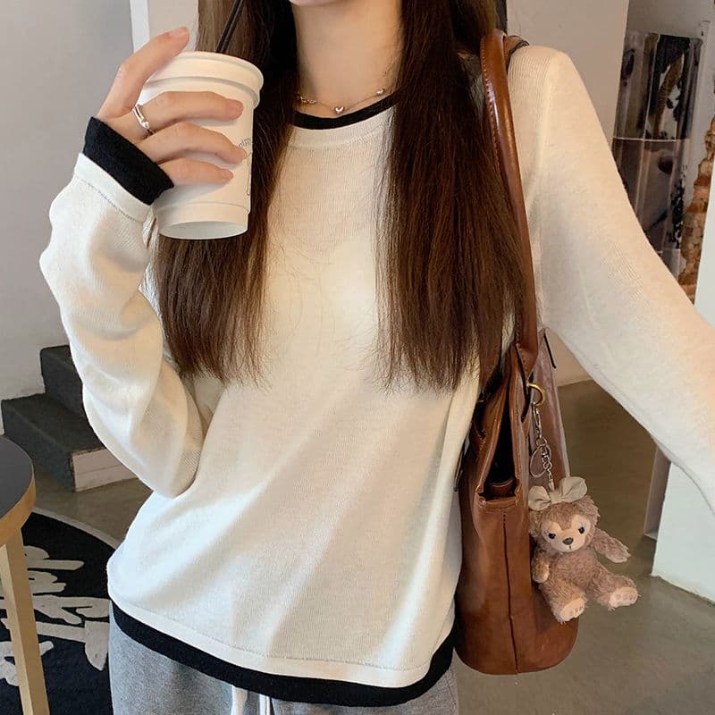 페이크 레이어드 긍정적 인 어깨 긴팔 티셔츠 여성 가을 겨울철 2025 새로운 보온 De 플러시 인사이드 가져 가라. 연삭 털 기본 셔츠 맨위 상세 이미지 5