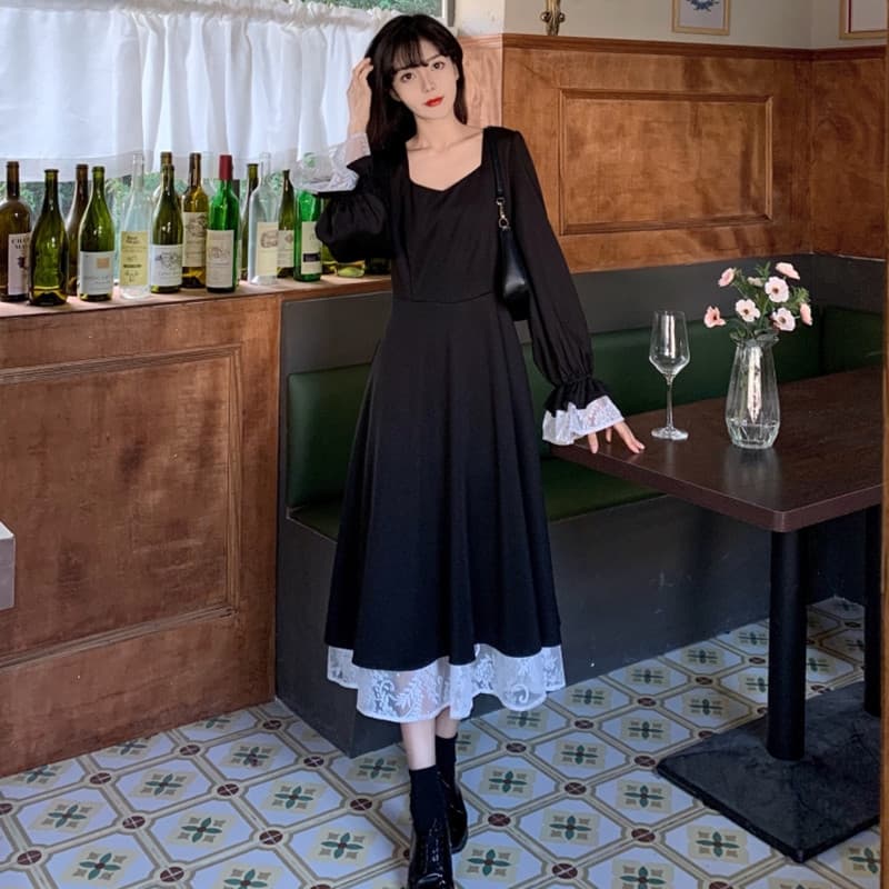 2026 년 봄 가을 새로운 여성 인터넷 유명인 튀김 거리 나비 매듭 허리 수축 레이스 거품 소매 드레스 예복 공주 드레스 상세 이미지 8