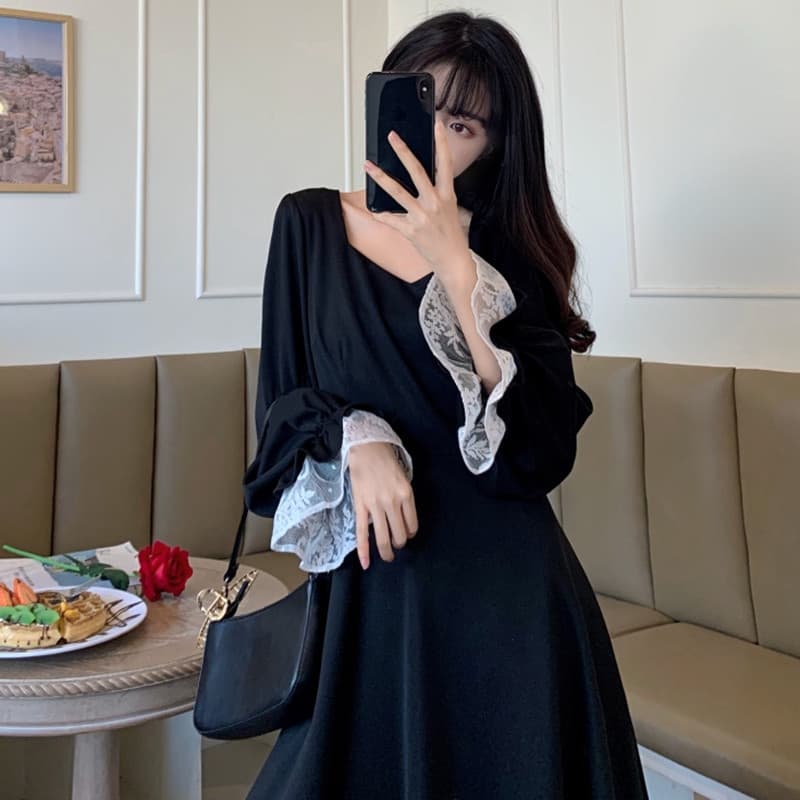 2026 년 봄 가을 새로운 여성 인터넷 유명인 튀김 거리 나비 매듭 허리 수축 레이스 거품 소매 드레스 예복 공주 드레스 상세 이미지 11