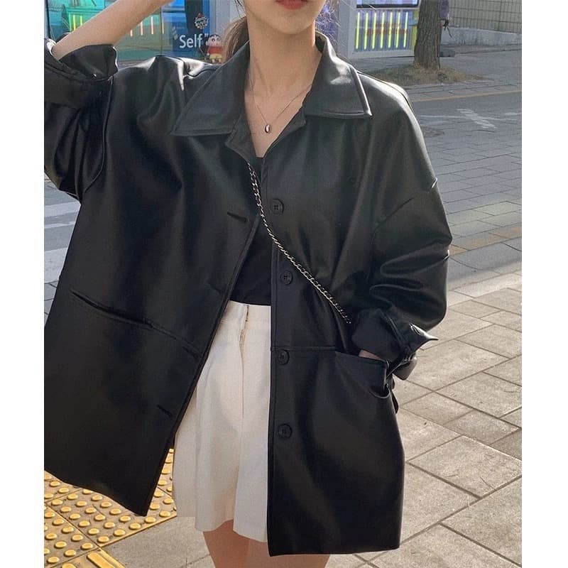 한국 잘 생긴 폴로 칼라 싱글 줄 버튼 가죽 재킷 여성 코트 가을 새로운 루즈핏 다용도 모조 가죽 재킷 맨위 상세 이미지 2