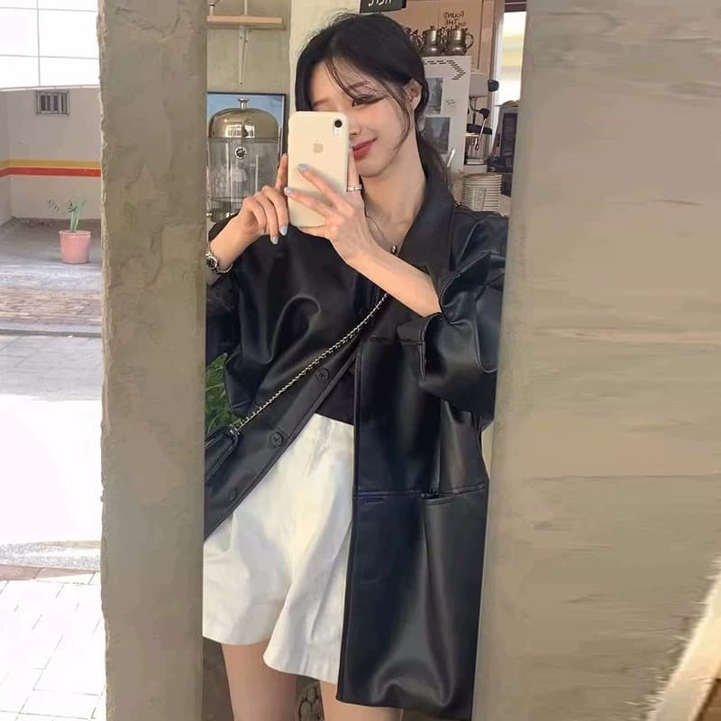 한국 잘 생긴 폴로 칼라 싱글 줄 버튼 가죽 재킷 여성 코트 가을 새로운 루즈핏 다용도 모조 가죽 재킷 맨위 상세 이미지 3