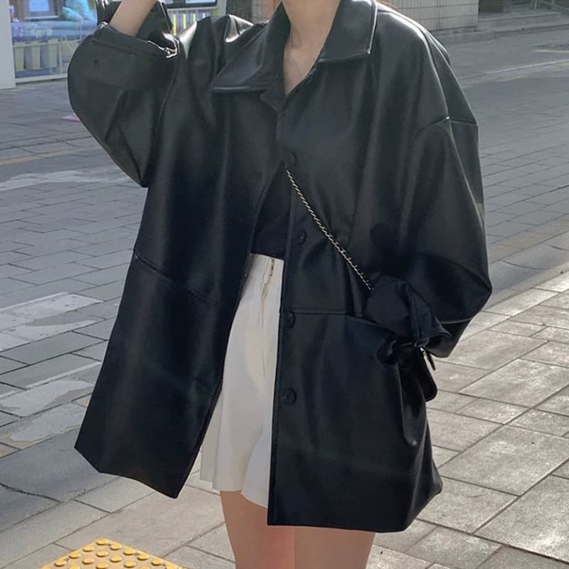 한국 잘 생긴 폴로 칼라 싱글 줄 버튼 가죽 재킷 여성 코트 가을 새로운 루즈핏 다용도 모조 가죽 재킷 맨위 상세 이미지 4