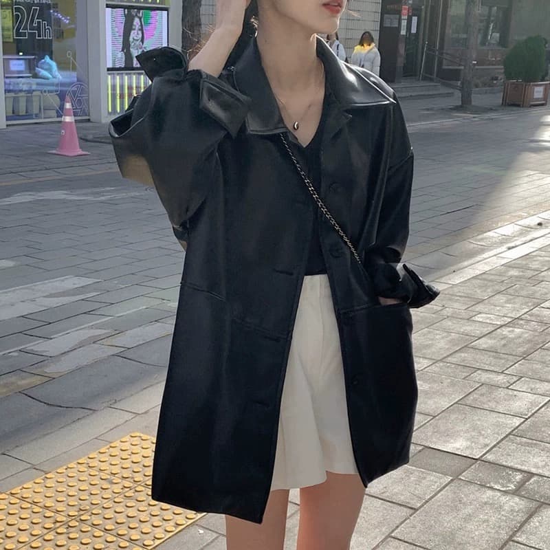 한국 잘 생긴 폴로 칼라 싱글 줄 버튼 가죽 재킷 여성 코트 가을 새로운 루즈핏 다용도 모조 가죽 재킷 맨위 상세 이미지 6