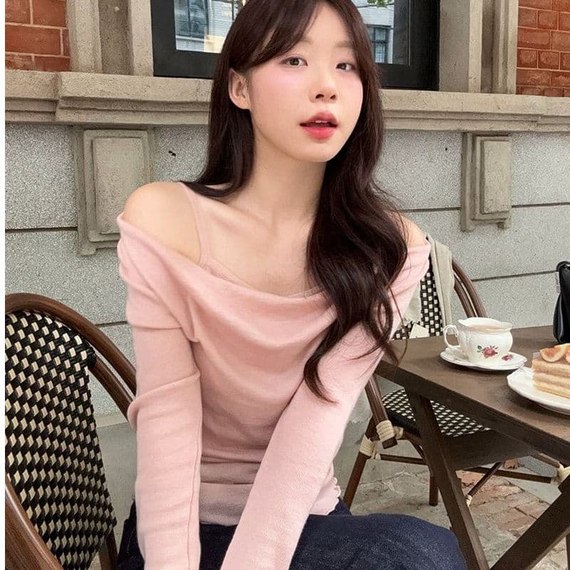 모달 사람들 면 디자인 센스 패치워크 나팔 소매 오프숄더 긴팔 니트 스웨터 여성 오프숄더 맨위 상세 이미지 6