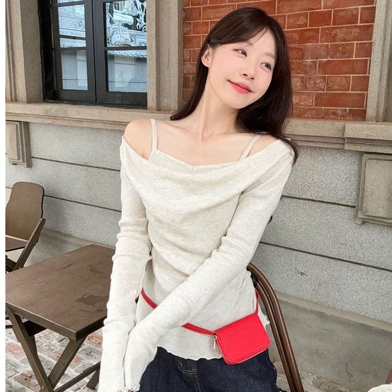 모달 사람들 면 디자인 센스 패치워크 나팔 소매 오프숄더 긴팔 니트 스웨터 여성 오프숄더 맨위 상세 이미지 8