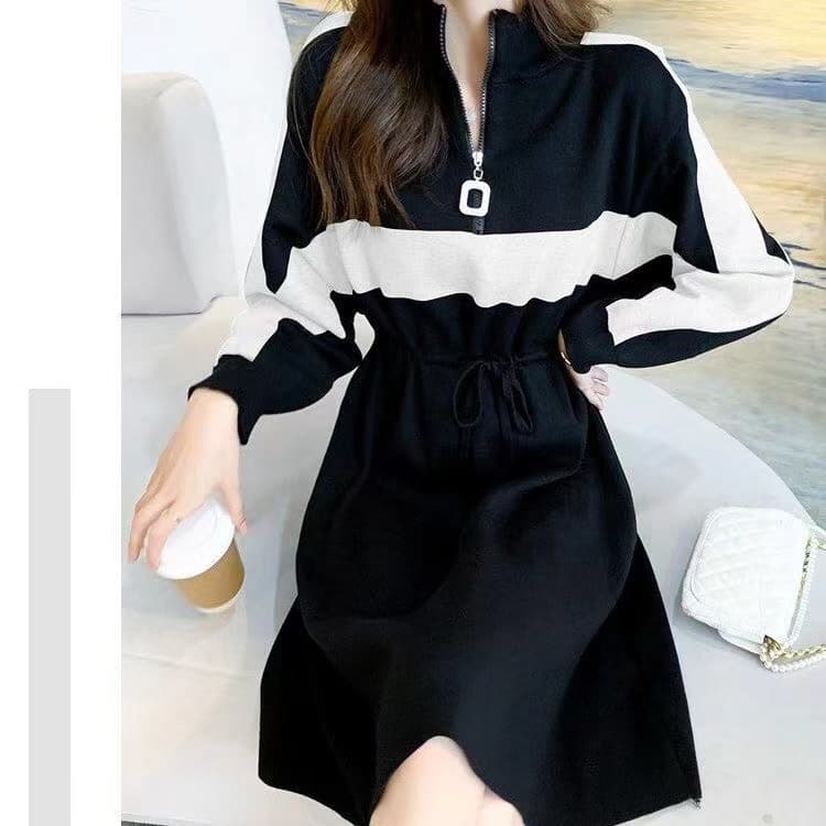 가을 드레스 새로운 반 개방 칼라 지퍼 허리 수축 치마 숙녀 바람 루즈핏 표지 배 패치워크 색상 롱 코트 기본 스커트 상세 이미지 1