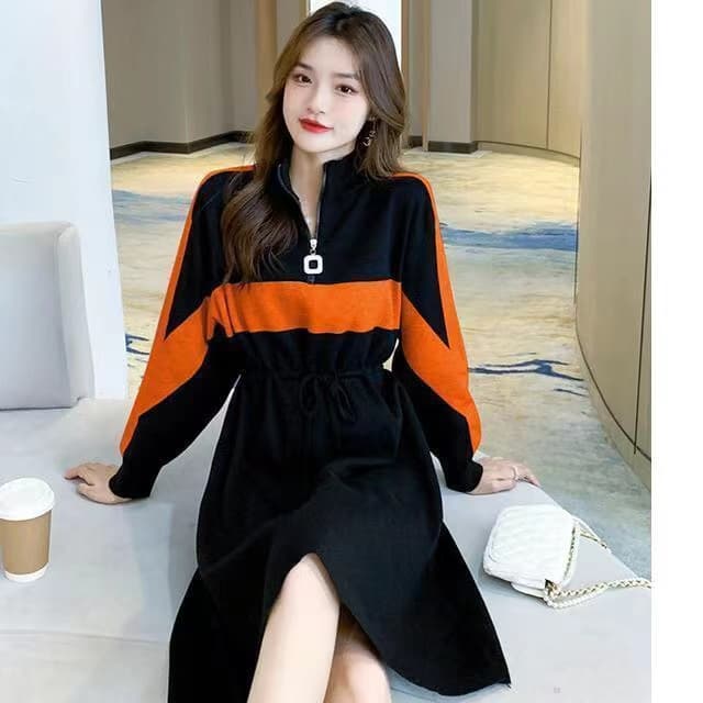 가을 드레스 새로운 반 개방 칼라 지퍼 허리 수축 치마 숙녀 바람 루즈핏 표지 배 패치워크 색상 롱 코트 기본 스커트 상세 이미지 5