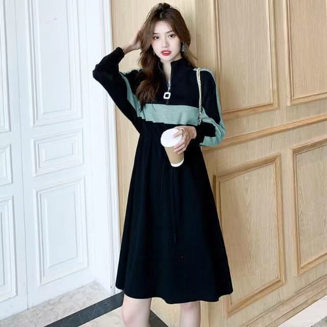 가을 드레스 새로운 반 개방 칼라 지퍼 허리 수축 치마 숙녀 바람 루즈핏 표지 배 패치워크 색상 롱 코트 기본 스커트 상세 이미지 7