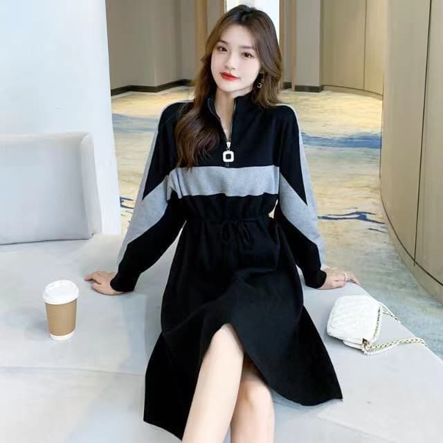 가을 드레스 새로운 반 개방 칼라 지퍼 허리 수축 치마 숙녀 바람 루즈핏 표지 배 패치워크 색상 롱 코트 기본 스커트 상세 이미지 9