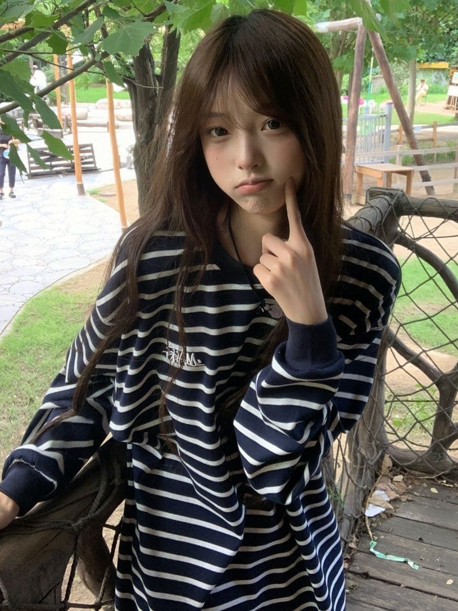 원본 것 순면 당겨 프레임 220 그램 헝겊 느낌 알파벳 자수 스트라이프 긴팔 티셔츠 상세 이미지 8