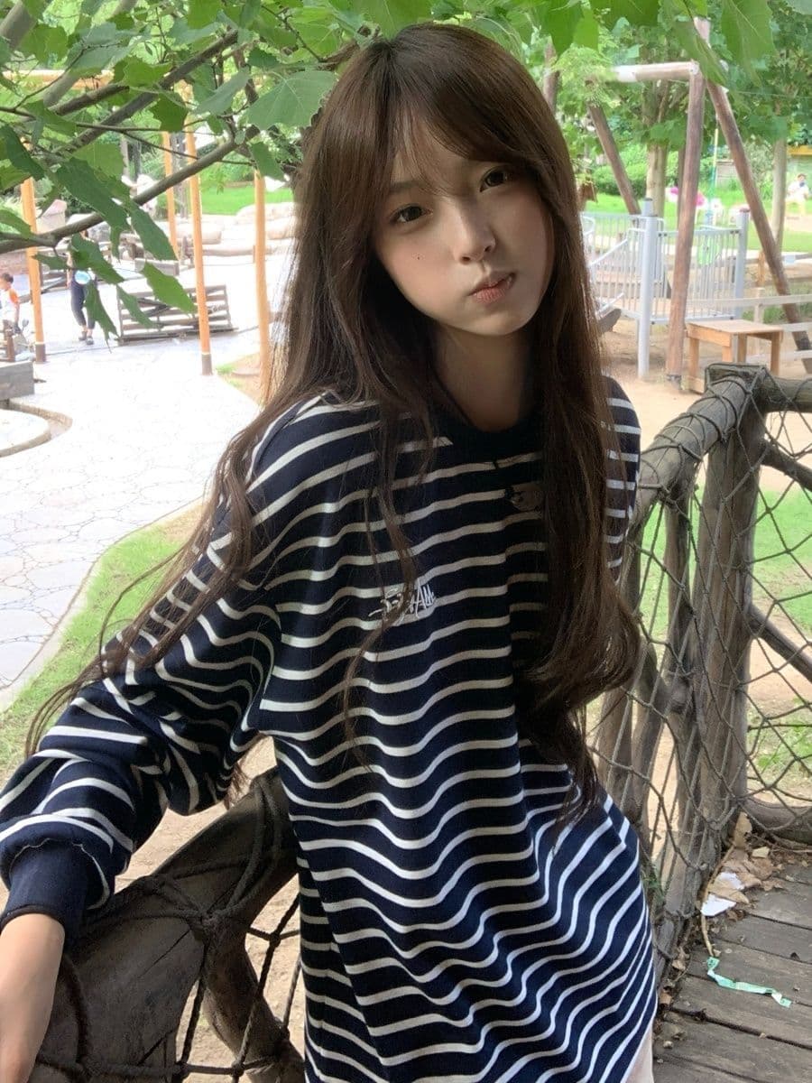 원본 것 순면 당겨 프레임 220 그램 헝겊 느낌 알파벳 자수 스트라이프 긴팔 티셔츠 상세 이미지 11