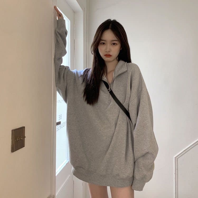 250그램 대 물고기 규모 봄 가을 얇은 스타일 POLO 칼라 후드티 여성 루즈핏 한국 스타일 작은 대중 맨위 하프 지퍼 재킷 상세 이미지 3