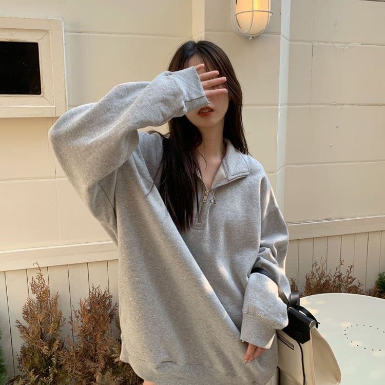 250그램 대 물고기 규모 봄 가을 얇은 스타일 POLO 칼라 후드티 여성 루즈핏 한국 스타일 작은 대중 맨위 하프 지퍼 재킷 상세 이미지 4