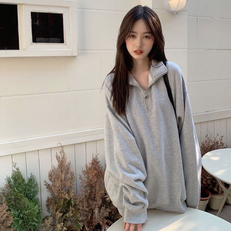 250그램 대 물고기 규모 봄 가을 얇은 스타일 POLO 칼라 후드티 여성 루즈핏 한국 스타일 작은 대중 맨위 하프 지퍼 재킷 상세 이미지 5