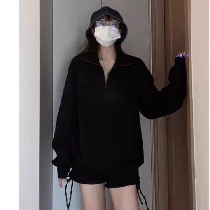 250그램 대 물고기 규모 봄 가을 얇은 스타일 POLO 칼라 후드티 여성 루즈핏 한국 스타일 작은 대중 맨위 하프 지퍼 재킷 상세 이미지 10