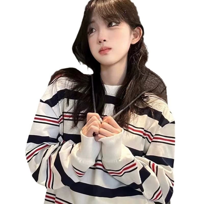 2026 폭발 긴팔 후드티 여성 가을 얇은 스타일 루즈핏 스트라이프 라운드 넥 맨위 상세 이미지 4