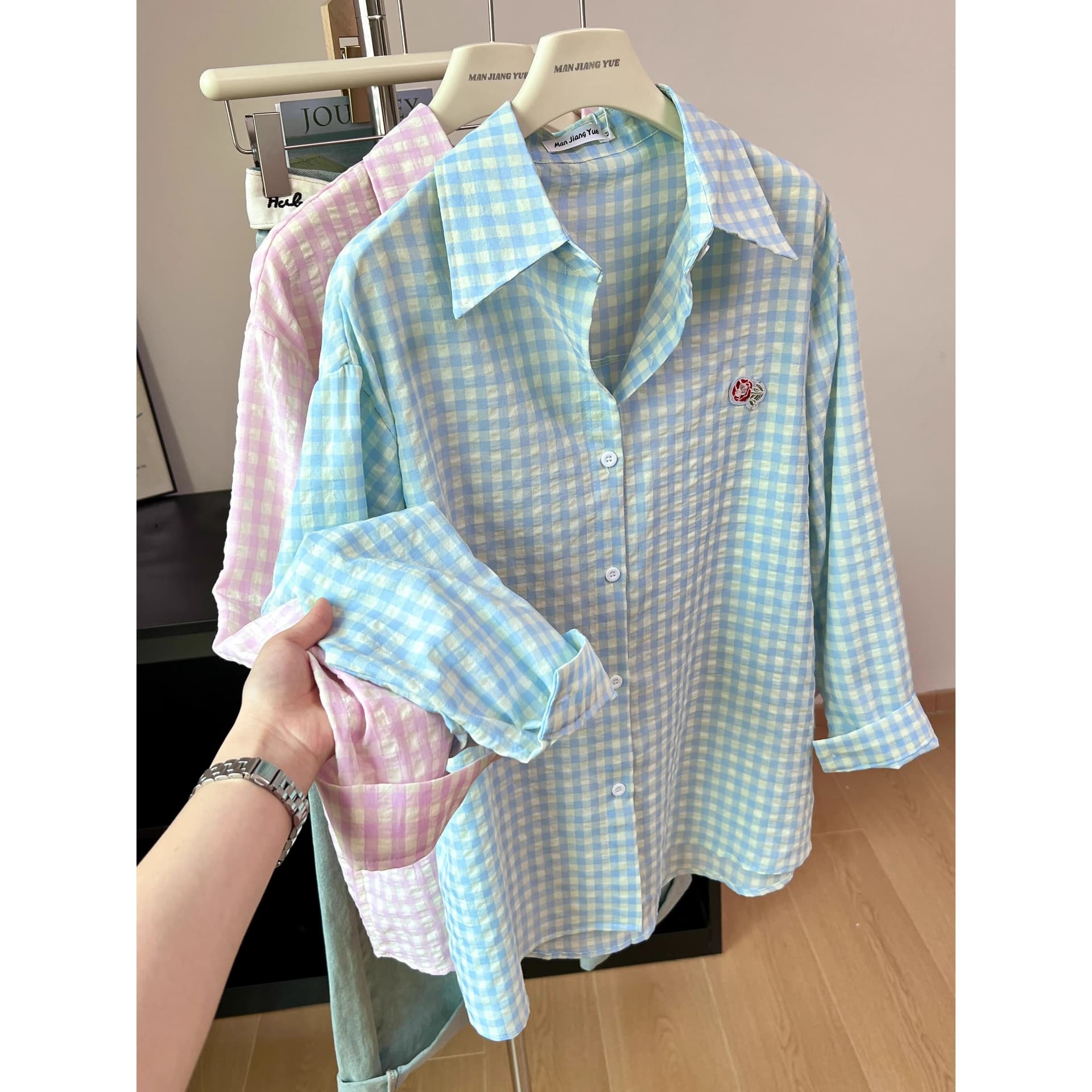 원본 품질 푸른 녹색 체크무늬 POLO 칼라 셔츠 여성 여름 도파민 얇은 스타일 루즈핏 자외선 차단 맨위 상세 이미지 2