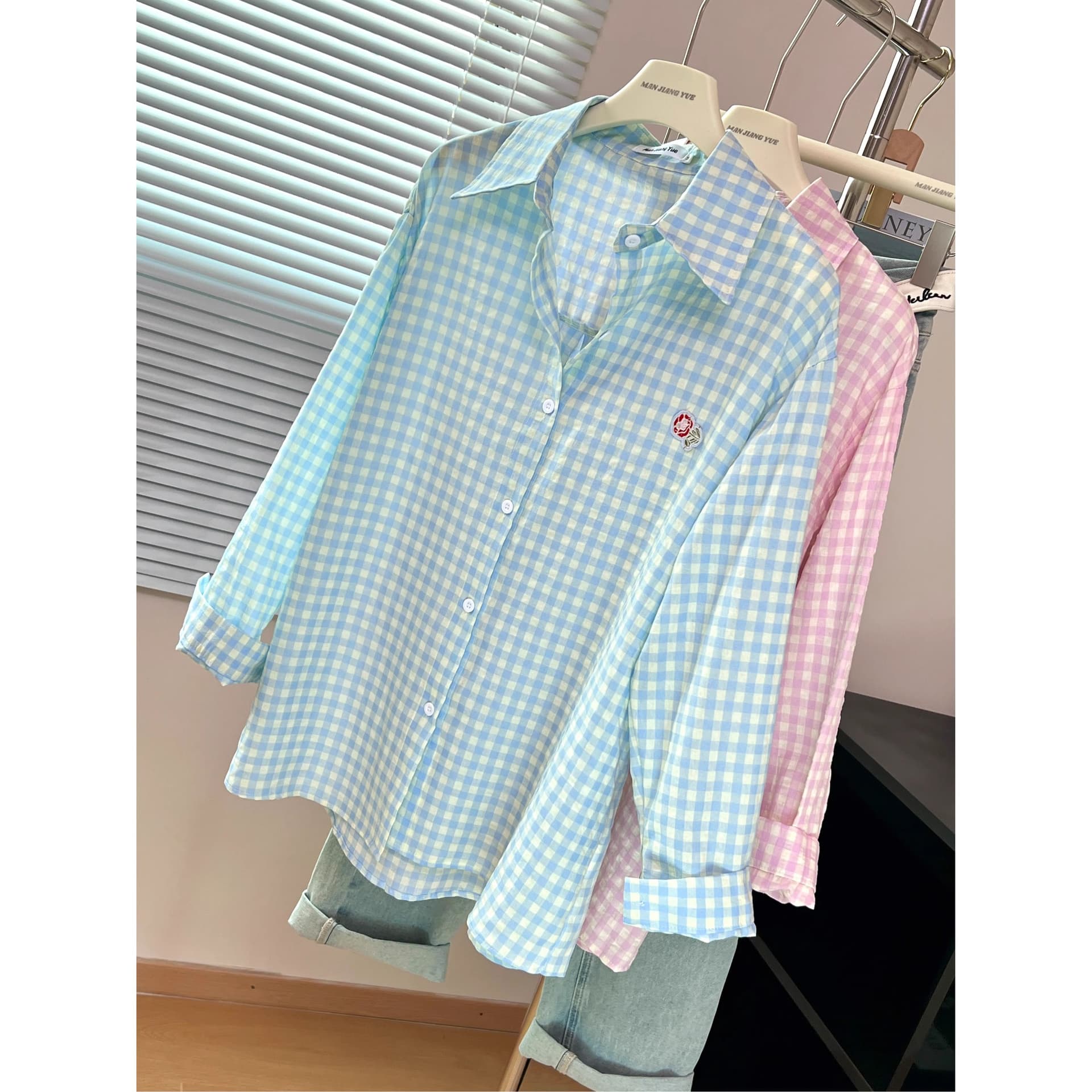 원본 품질 푸른 녹색 체크무늬 POLO 칼라 셔츠 여성 여름 도파민 얇은 스타일 루즈핏 자외선 차단 맨위 상세 이미지 8