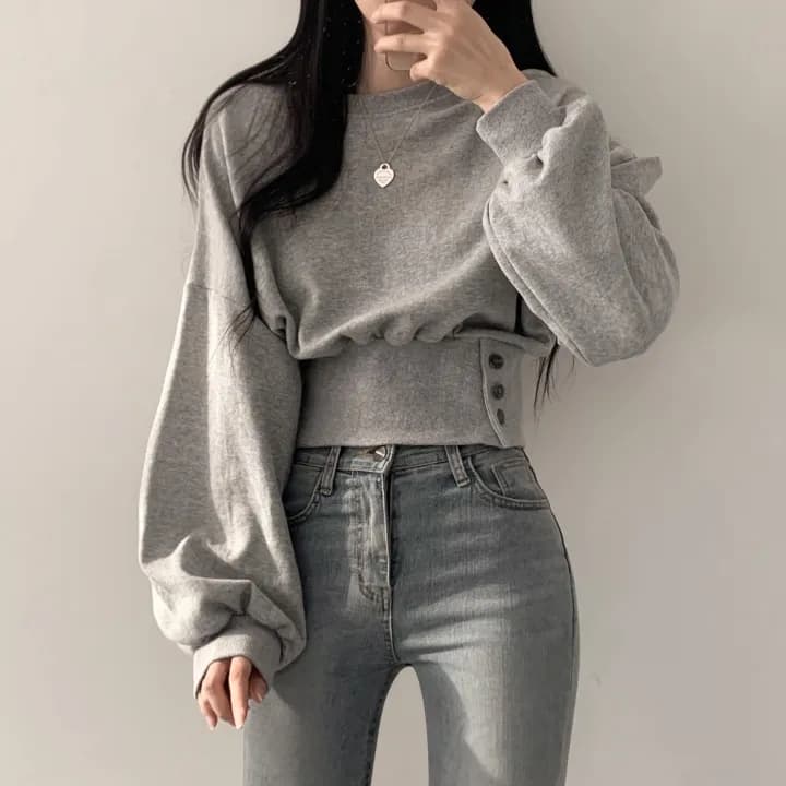 한국 chic 가을 작은 대중 디자인 센스 라운드 넥 부서 버클 허리 수축 슬림해 보이는 긴팔 쇼트 스타일 풀오버 스웨트셔츠 맨위 여성 이미지 4