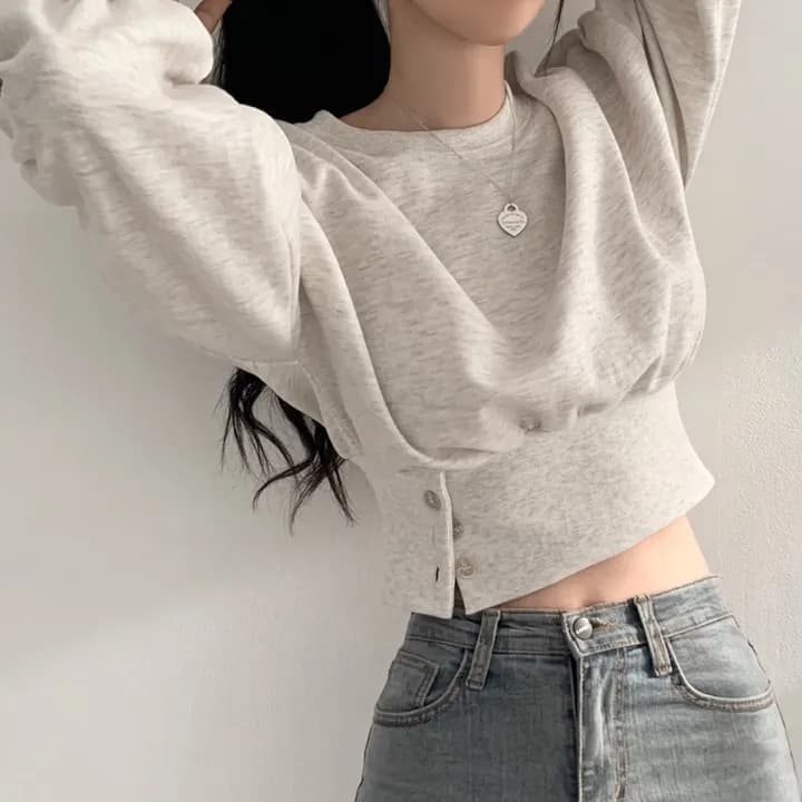 한국 chic 가을 작은 대중 디자인 센스 라운드 넥 부서 버클 허리 수축 슬림해 보이는 긴팔 쇼트 스타일 풀오버 스웨트셔츠 맨위 여성 상세 이미지 1