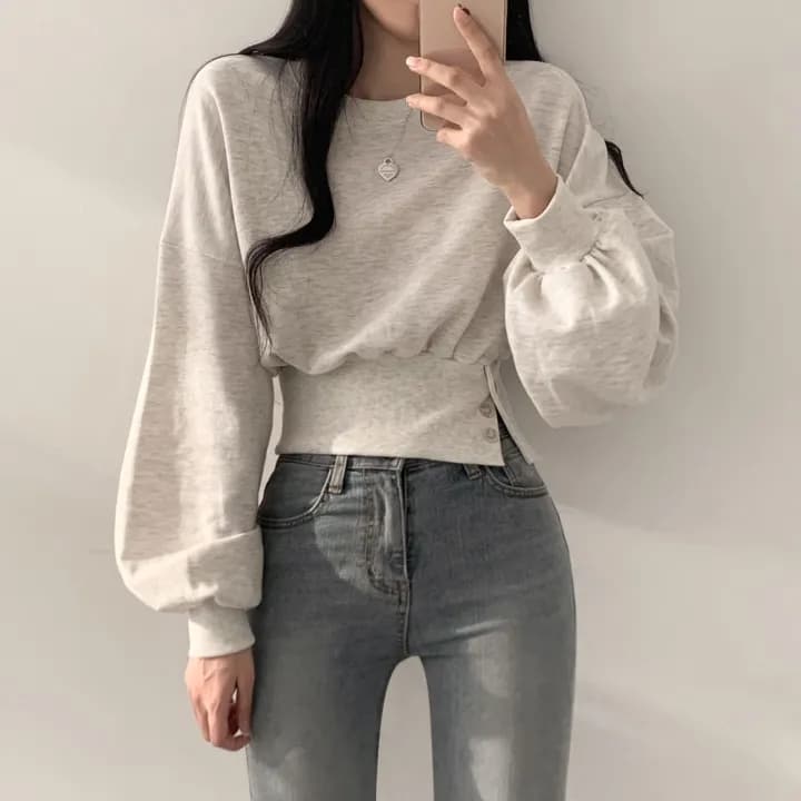 한국 chic 가을 작은 대중 디자인 센스 라운드 넥 부서 버클 허리 수축 슬림해 보이는 긴팔 쇼트 스타일 풀오버 스웨트셔츠 맨위 여성 상세 이미지 6
