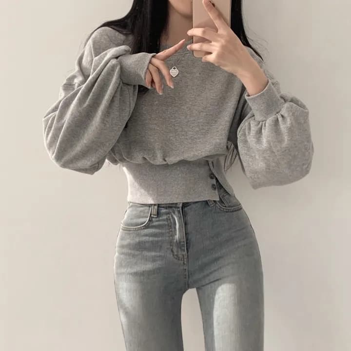 한국 chic 가을 작은 대중 디자인 센스 라운드 넥 부서 버클 허리 수축 슬림해 보이는 긴팔 쇼트 스타일 풀오버 스웨트셔츠 맨위 여성 상세 이미지 8