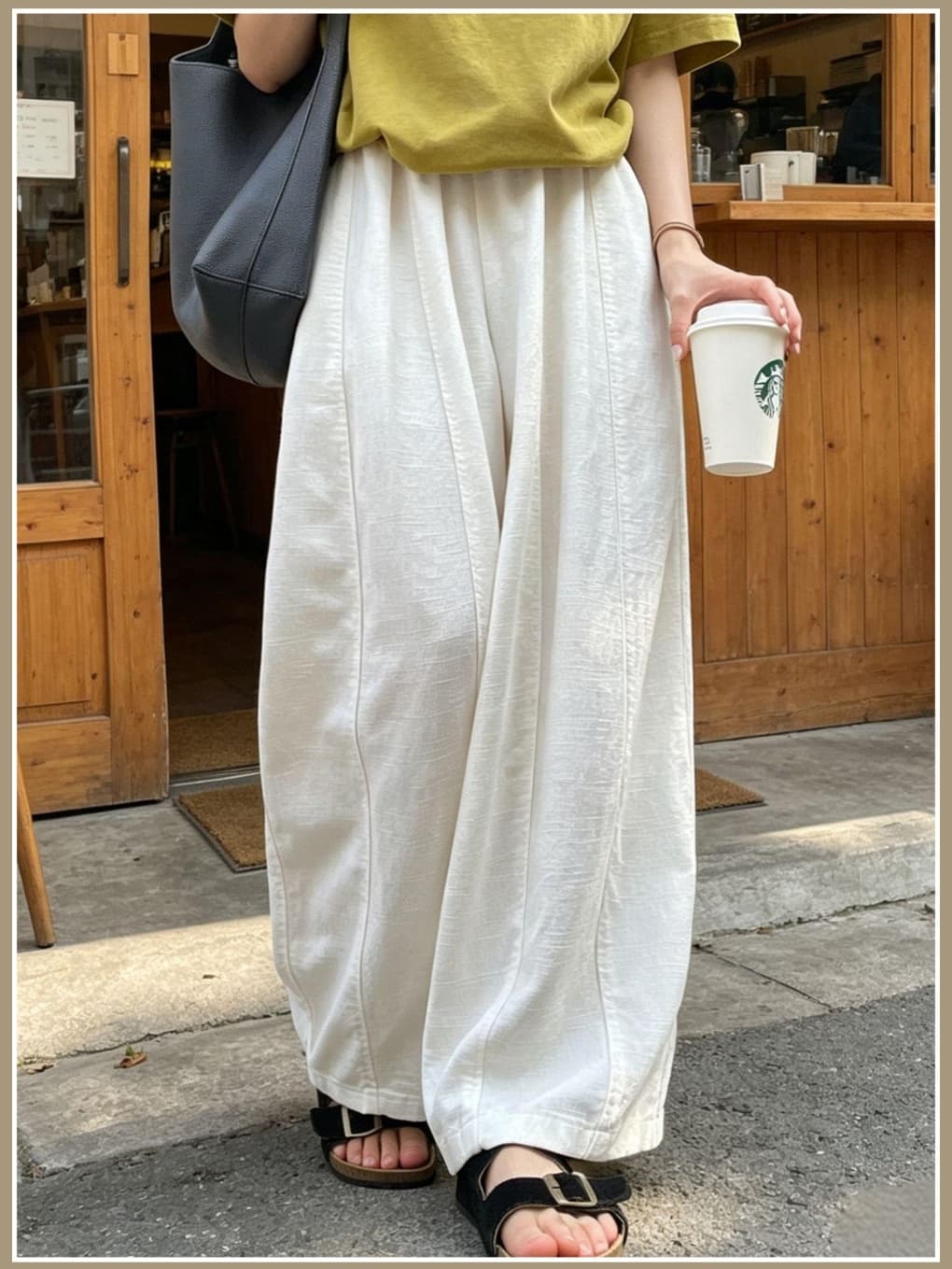 화이트 모통이 칼 와이드 레깅스 바지 가을 얇은 스타일 루즈핏 느긋한 캐주얼 바지 하이웨이스트 슬림해 보이는 캐주얼 면 린넨 풍선 바지