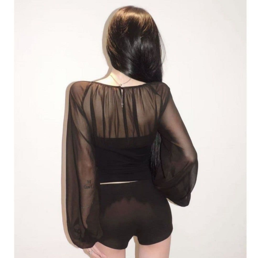 사람들 면 260 그램 핫걸 망사 패치워크 벌룬 소매 긴팔 티셔츠 여성 여름 마이크로 ~을 통해 의류 여성 이미지 4