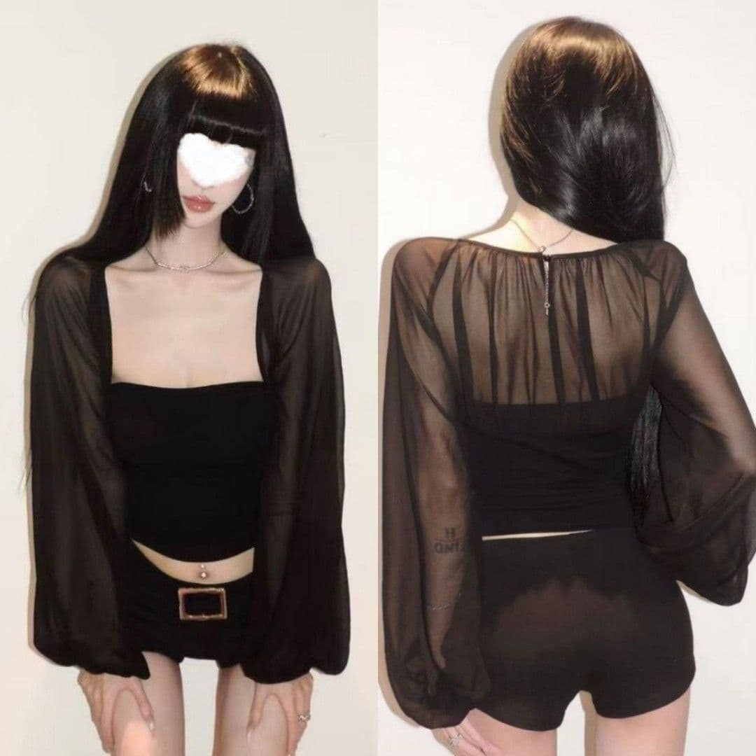 사람들 면 260 그램 핫걸 망사 패치워크 벌룬 소매 긴팔 티셔츠 여성 여름 마이크로 ~을 통해 의류 여성 상세 이미지 2
